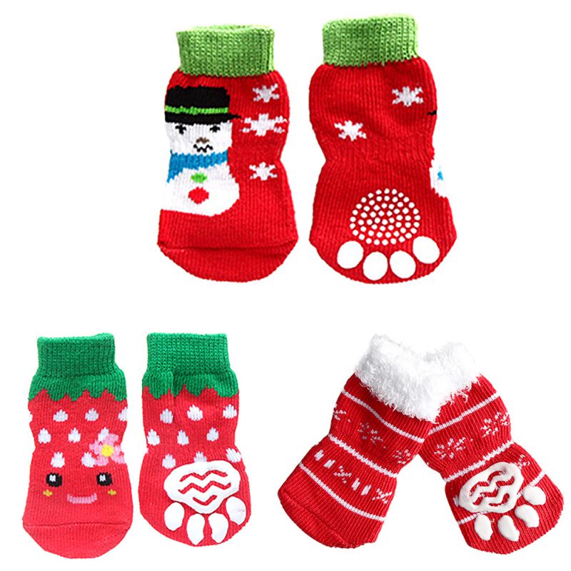 7 Styles 4pcs Pet Dog Knit Socks Pattern Printed Non-slip Cotton Socks Paws Cover Warm Shoes S M L XL